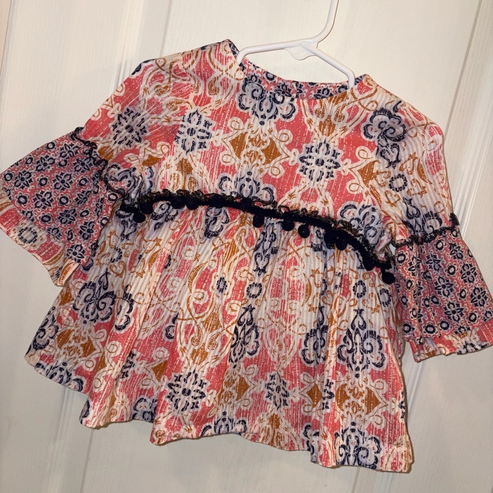 Pastourelle Pink Floral Medallion Bell Sleeve Top with Navy Trim